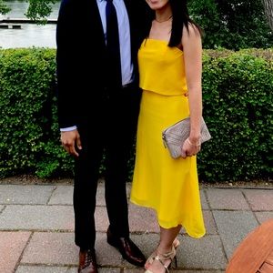 JJs House US S or size 2 yellow strapless midi cocktail chiffon dress